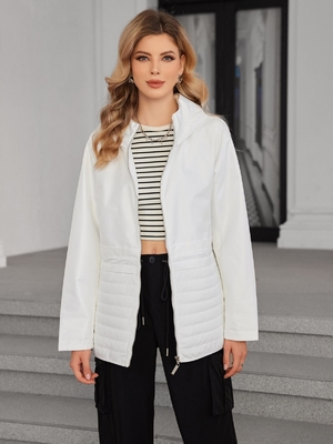 Short Cut Design and Strategic Fabric Paneling Woman Sping Autumn Coat with Drawstrings Included